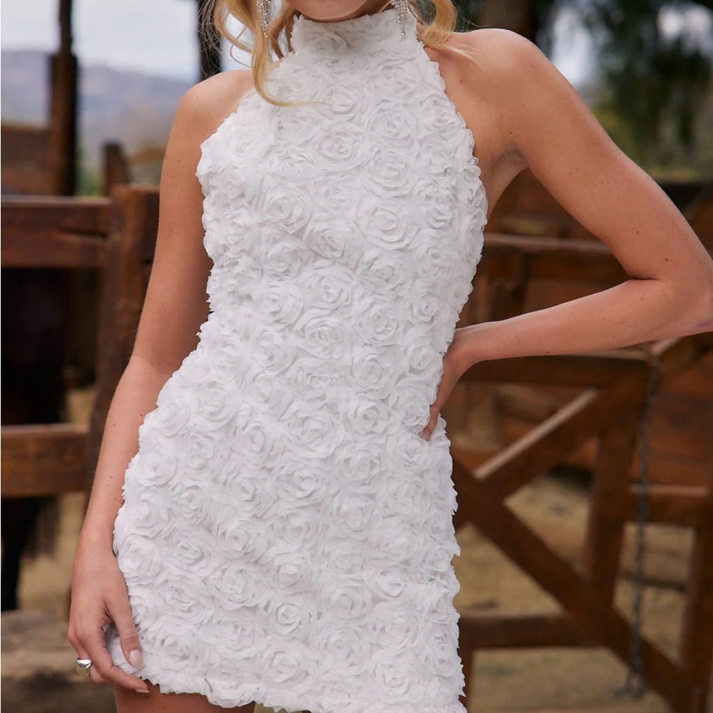 12th Tribe Maya White Floral Applique Halter Mini Dress